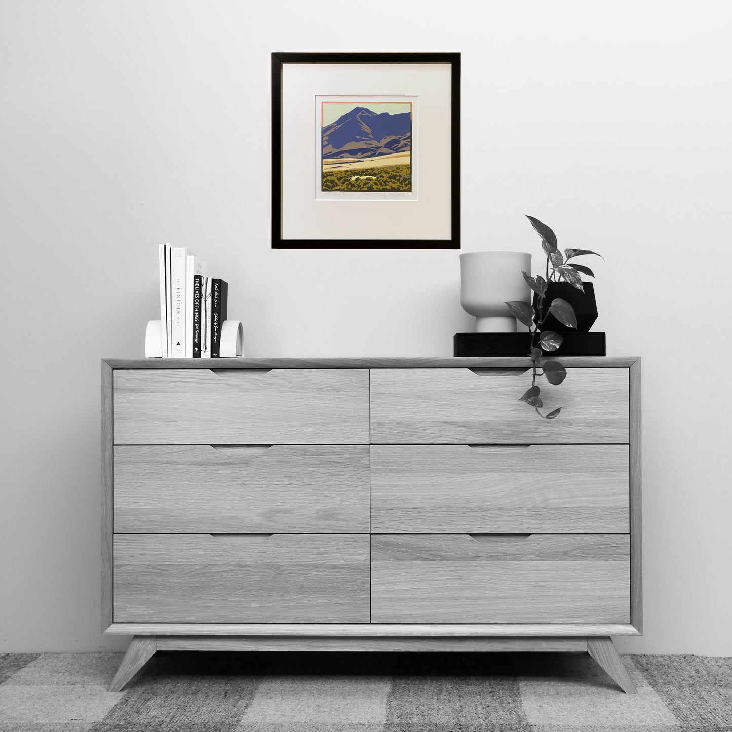 Mountain artwork shown on wall over dresser for scale.
