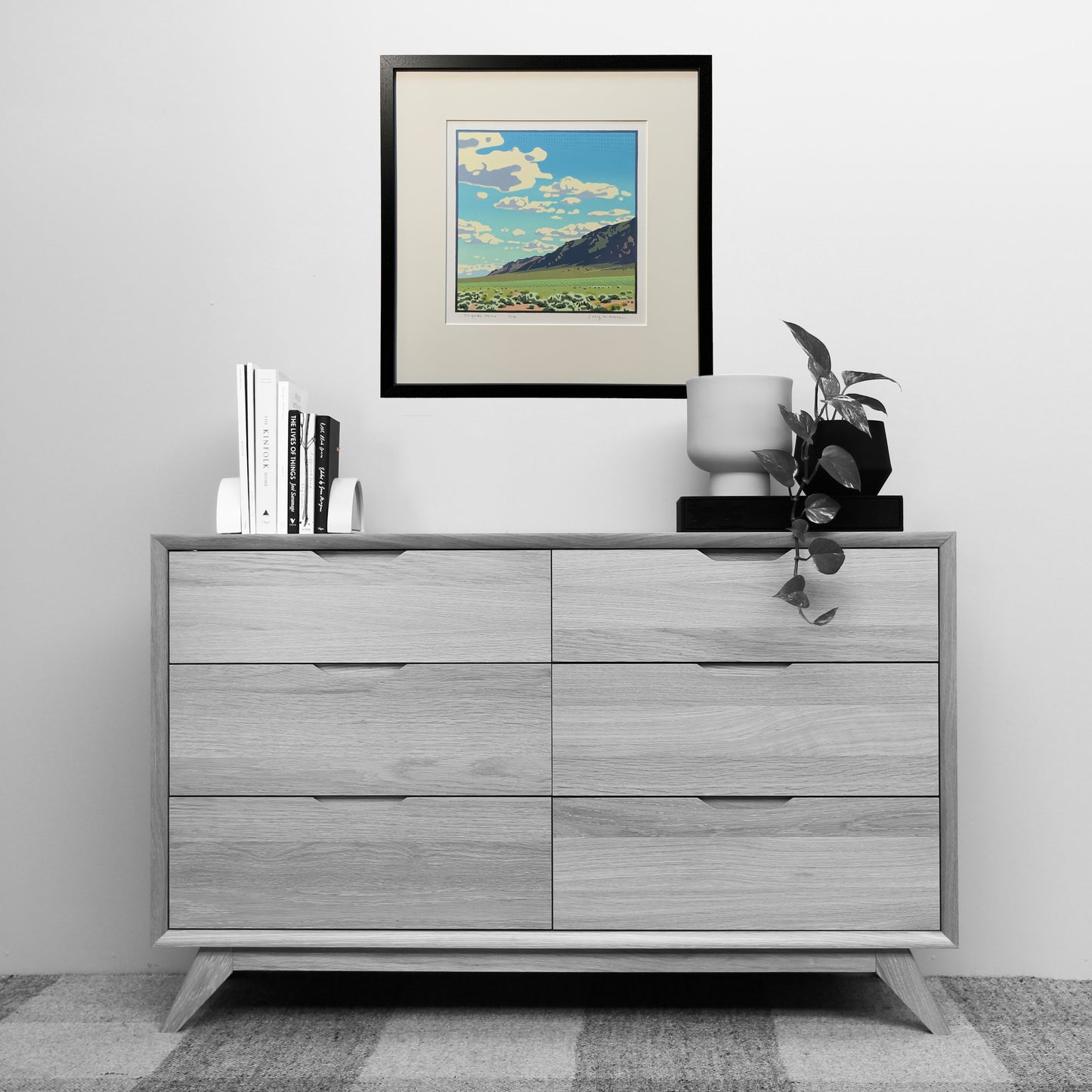 Toiyabe Dome artwork shown matted and framed above dresser for scale