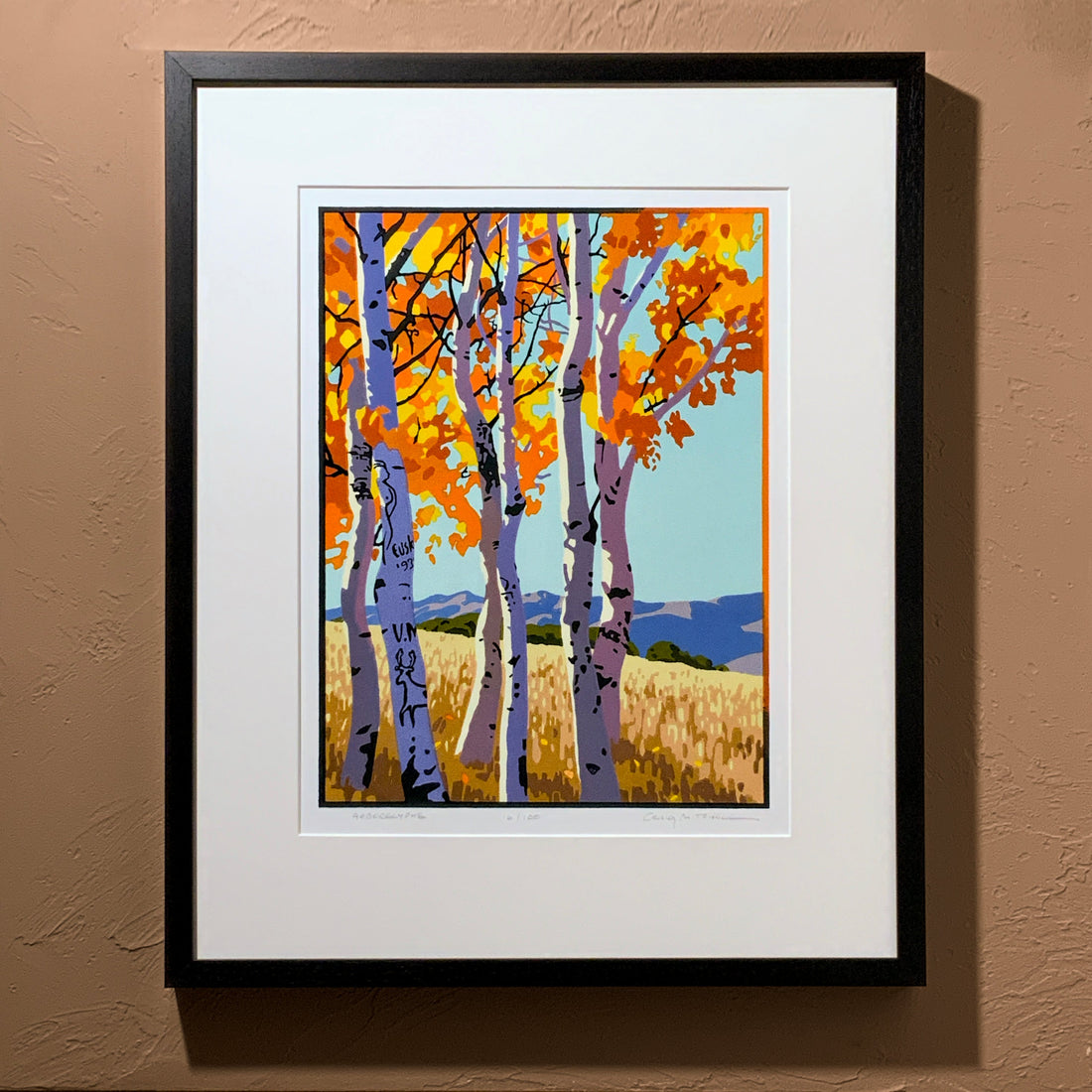 Craig Mitchell's block print "Arborglyphs" — a limited edition hand-carved print depicting a Basque-carved aspen grove on Peavine Mountain above Reno, Nevada.
