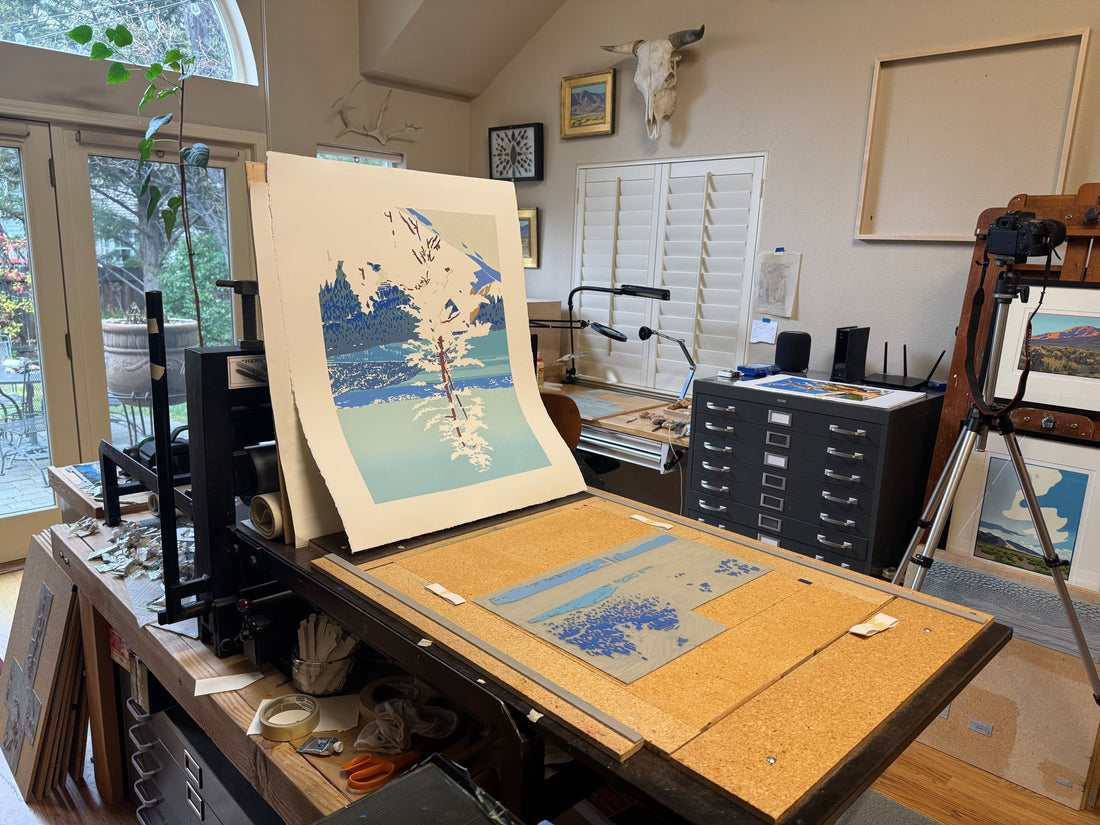 Original block print in process in an artist's studio