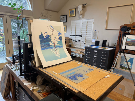 Original block print in process in an artist's studio