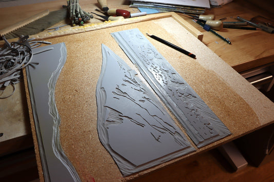 Landscape block print in progress 