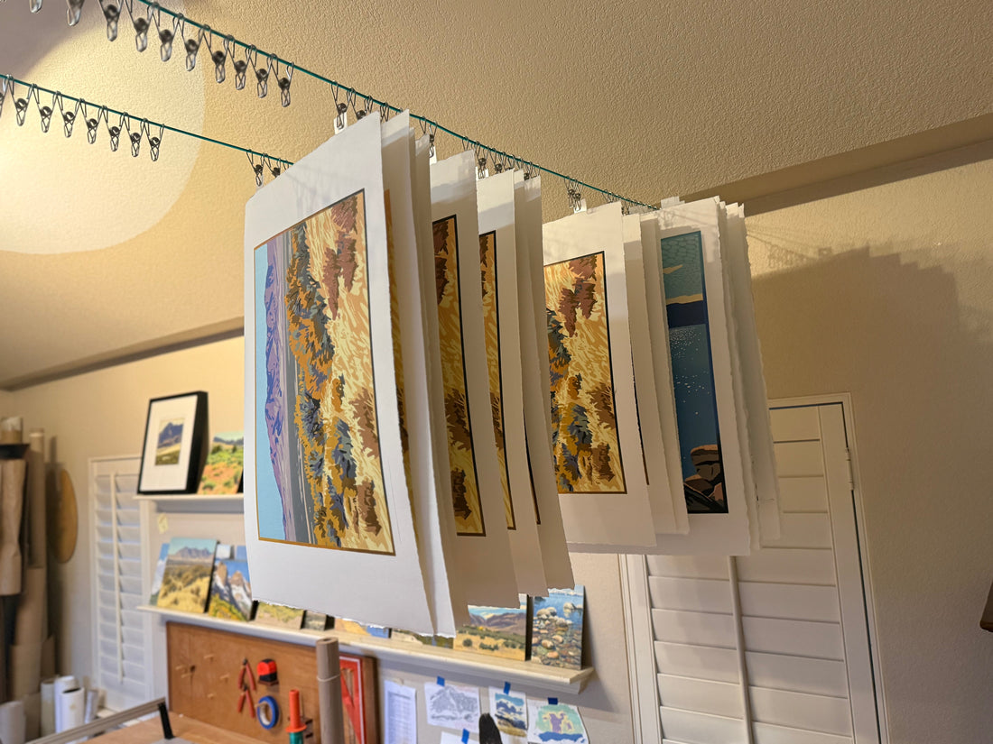 Craig Mitchell's block prints hanging on a wire