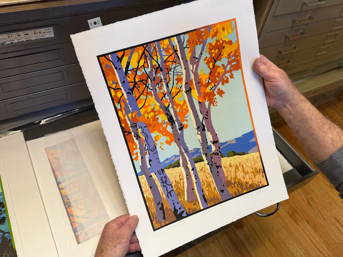 Craig Mitchell's block print "Arborglyphs" — a hand-carved depiction of an aspen grove on Peavine Mountain, Nevada, with Basque shepherds' carvings visible in the bark.