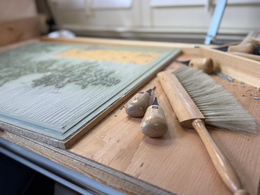 Craig Mitchell's block print tools on a desk.
