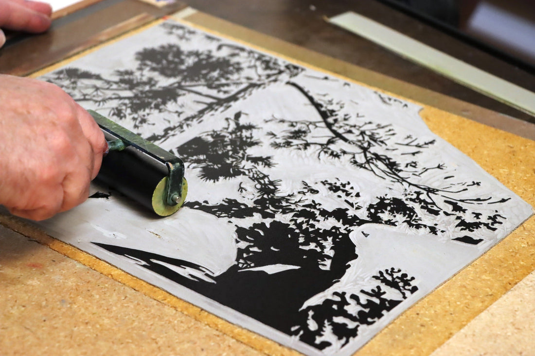 Nevada landscape shown in a block print in progress