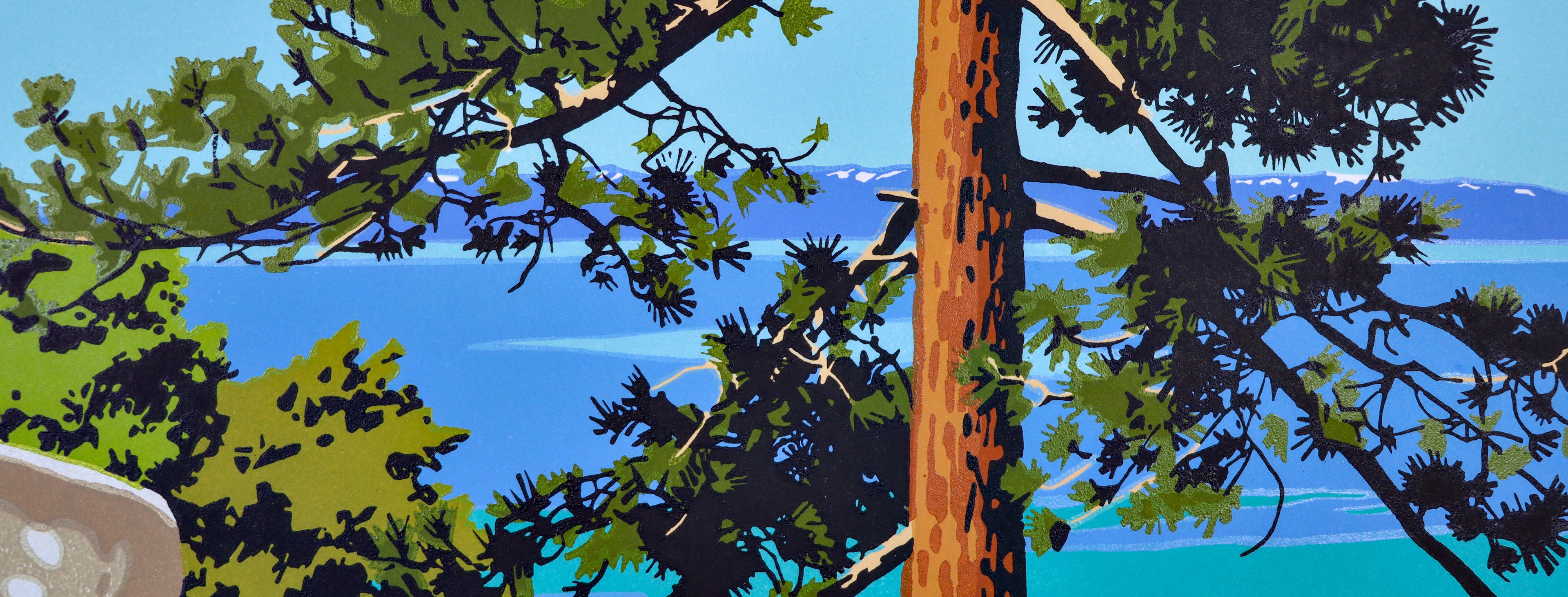 Artistic depiction of a tree with a clear blue sky and green foliage at Lake Tahoe