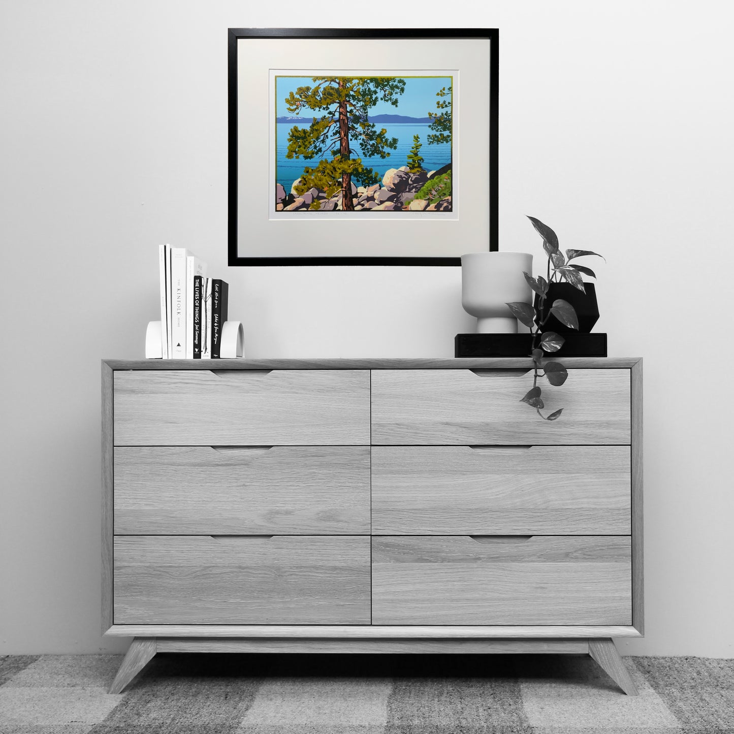 Gray dresser with decorative items including framed Lake Tahoe artwork, books, and a plant on a checkered rug.