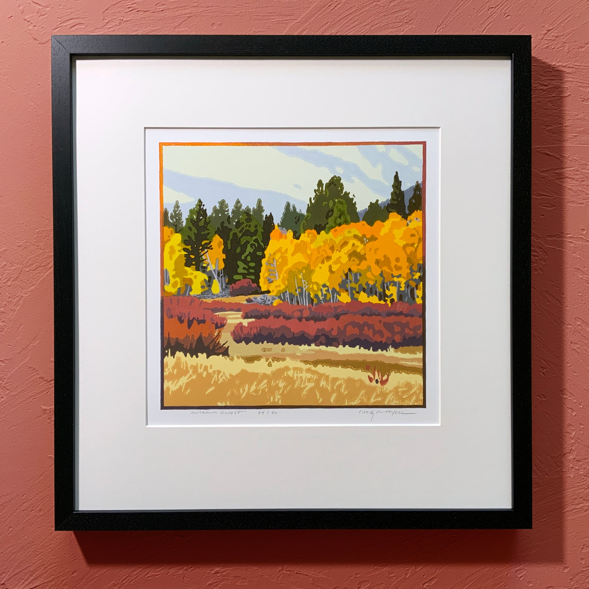 Artwork titled "Autumn Forest" depicting a vibrant autumn forest scene