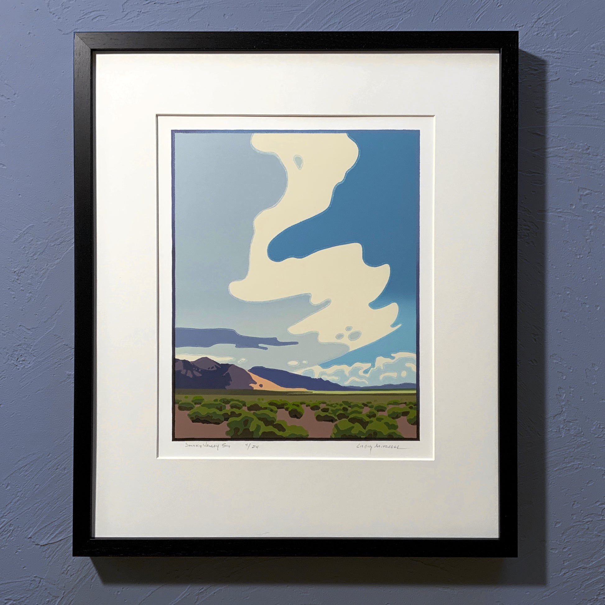 Artwork titled "Smoky Valley Sky" depicting a vibrant sky with smoky clouds over a landscape