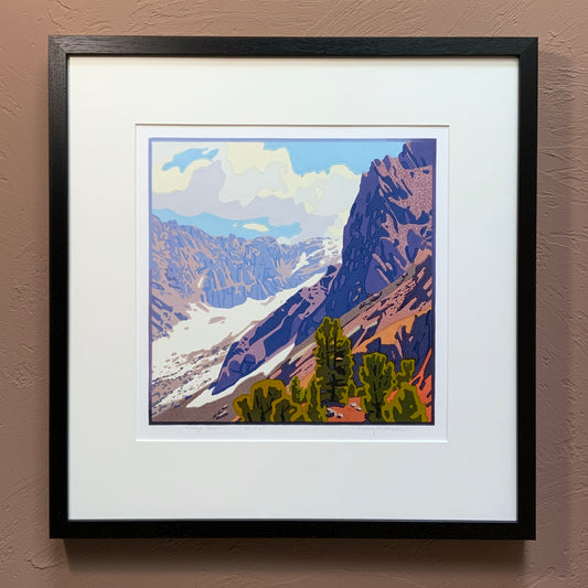 Vibrant Tioga Pass artwork framed and matted against a neutral wall