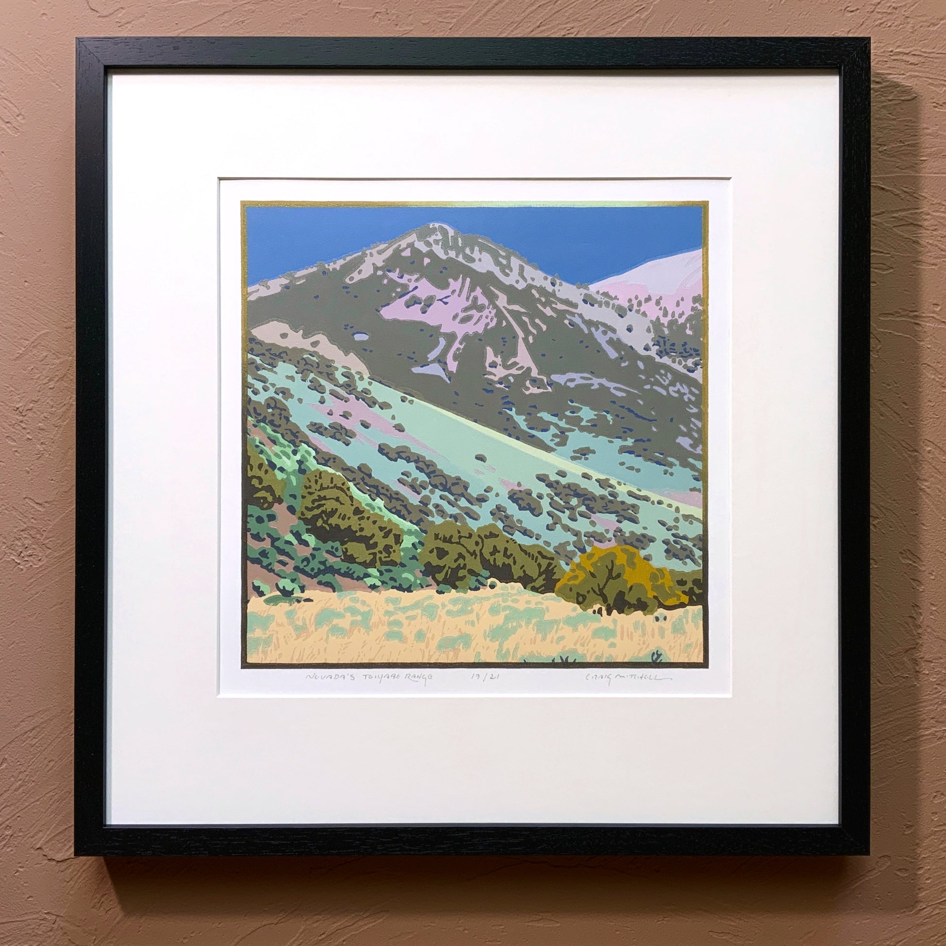 Vibrant artwork of Toiyabe Range shown matted and framed
